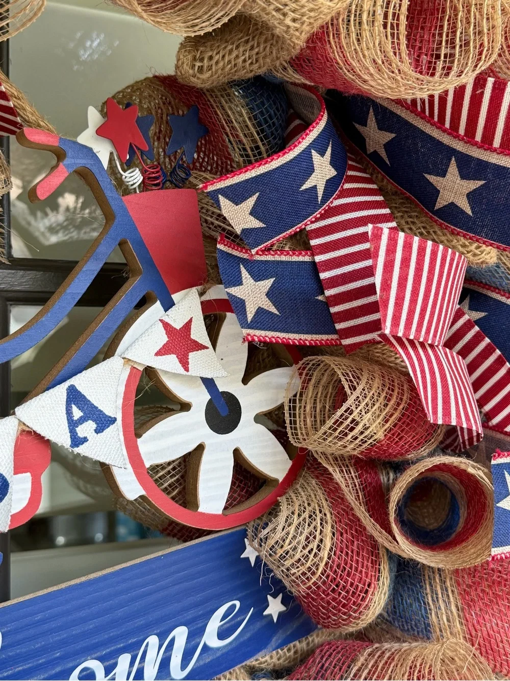 Patriotic Welcome Wreath - Red, Blue & Natural
